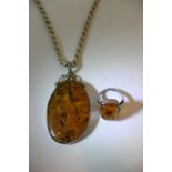 Large Amber Pendant on chain(Silver) and Amber sil