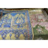 Two silk pray rugs on green and blue ground