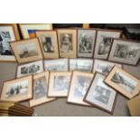 A large collection of framed prints depicting scen