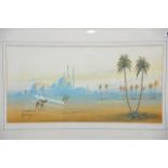 A framed and glazed watercolour of camels and ride