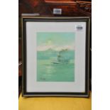 A framed oil painting of a steamboat, signed M. Er