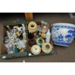 Two boxes of mixed china and a blue and white jard