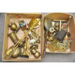 Two boxes of brassware items.