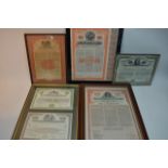 Five framed bonds including USA Columbus and South