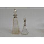 Two cut glass scent bottles with silver collars (2