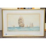 A framed watercolour depicting a sailing ship with