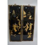 A pair of lacquered Oriental panels inset with mot