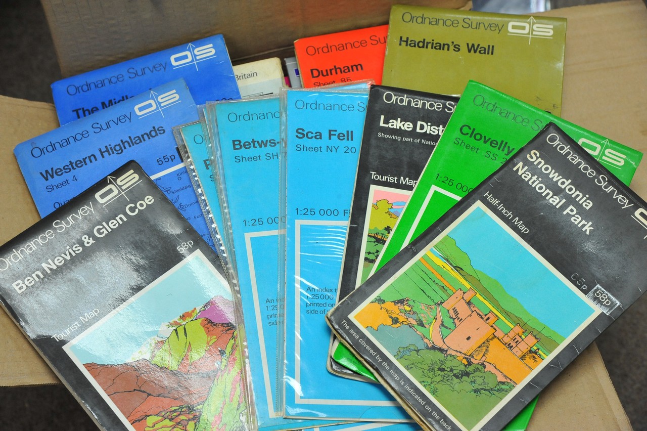 A collection of Ordnance Survey maps.