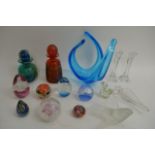 A small collection of glass ware including Mdina b