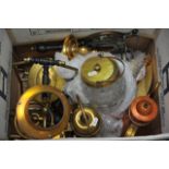 A box of brassware to include kettle on stand, tri