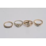 Four gold rings set with diamond chips, approx 8.2