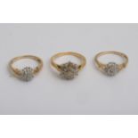 Three gold rings set with diamond chips, approx 7.