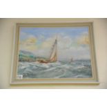 An oil on board of sailing boats by Ian Harrison,