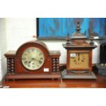 A mahogany cased eight day mantel clock and an oak