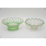 A green basket bowl and one other with crimped edg