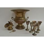 A large silver plated urn, silver plated goblets a