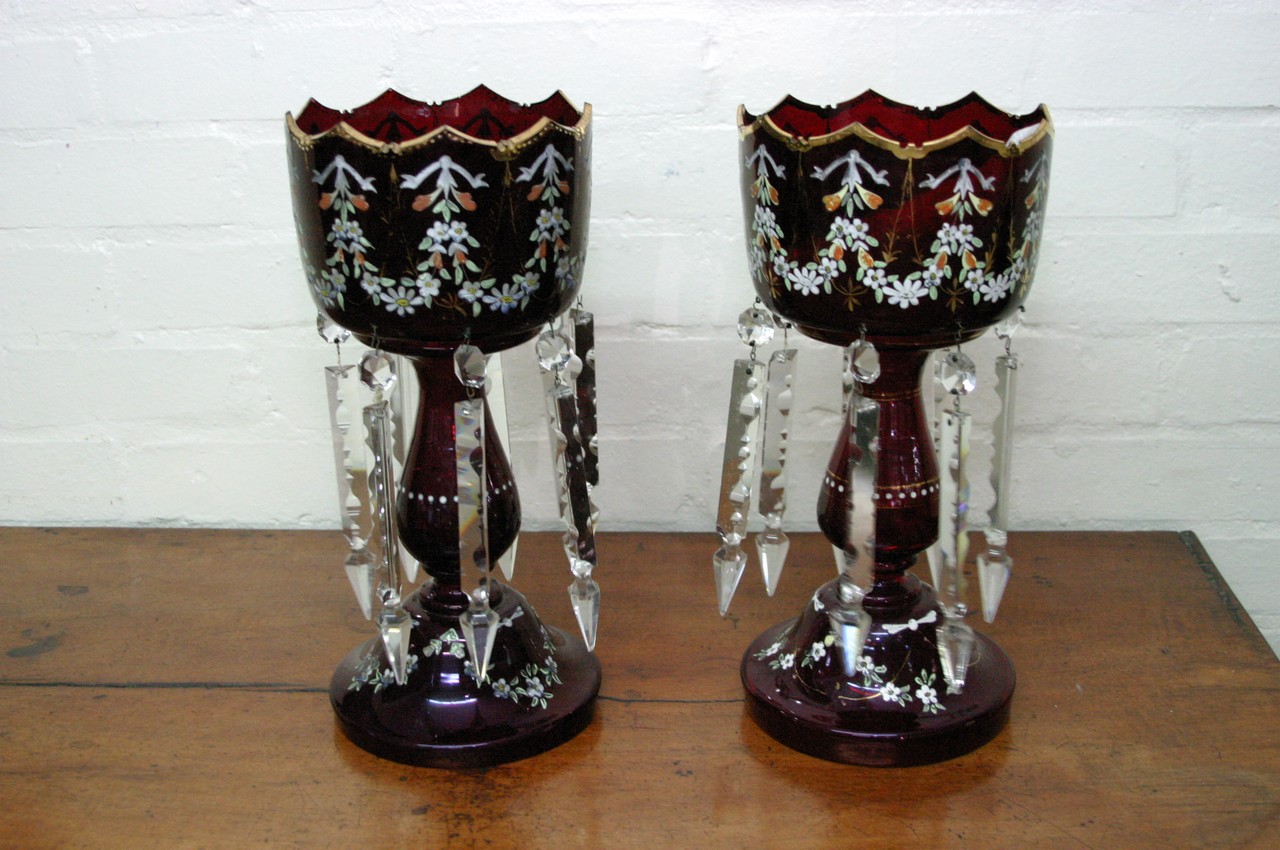 A pair of Victorian red glass lustres painted with - Image 2 of 2