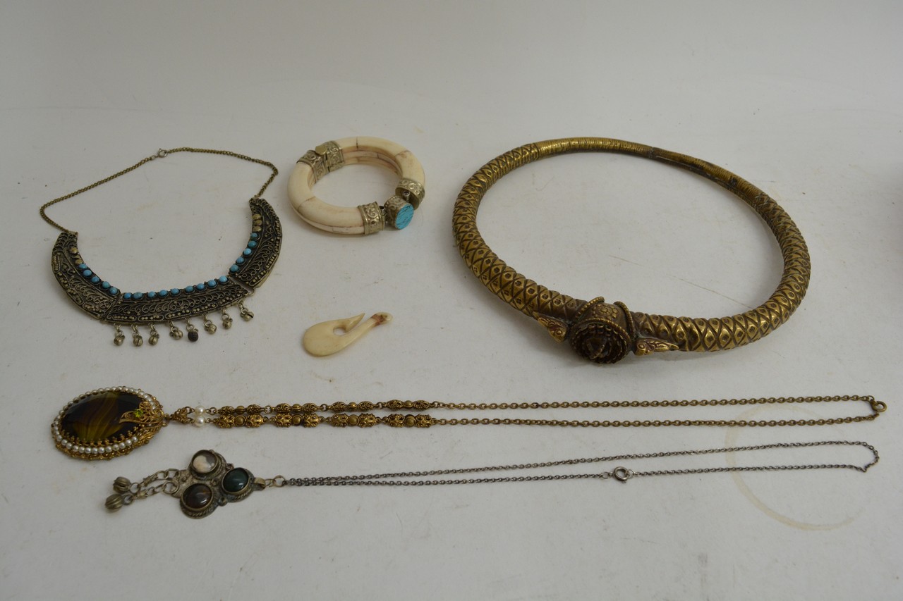 Old brass torque styled necklace and five other je