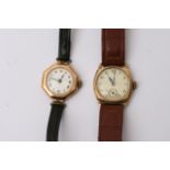 Two 9ct gold watches with applied leather straps