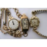 Three lady's gold watches, one with a 9ct gold str