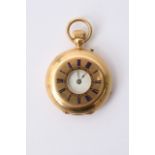 An 18ct gold half hunter button wind fob watch the