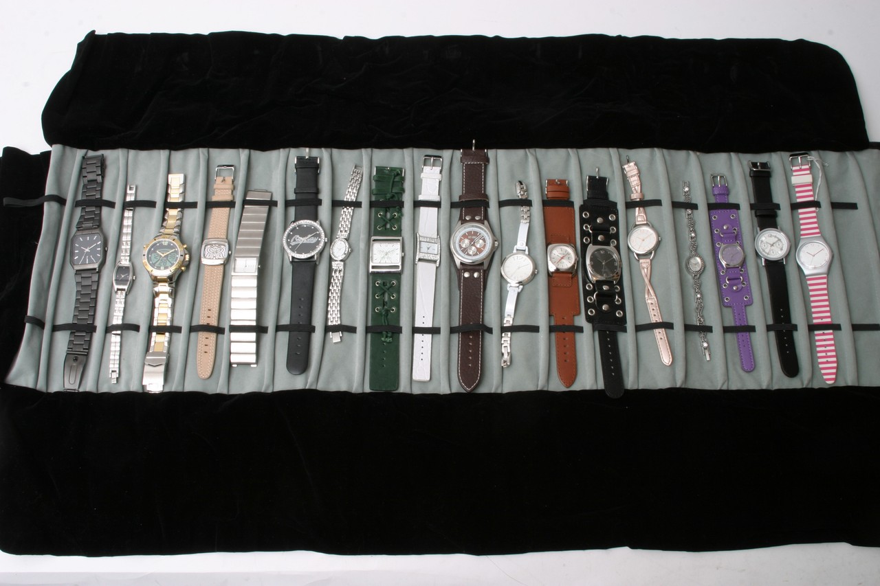 A roll up case of 18 salesman sample watches