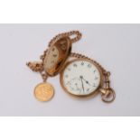 A 9ct gold half hunter pocket watch with attached