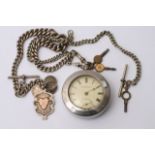 A silver pocket watch with roman numerals attacked