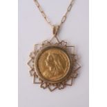 A Victorian half sovereign set in necklace mount w