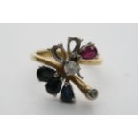 A 9ct gold, diamond, sapphire and ruby ring (missi