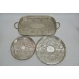 Silver plated oval gallery tray, two round trays,