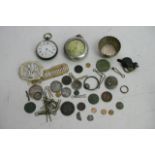 A tin containing some coins, pocket watches and ar