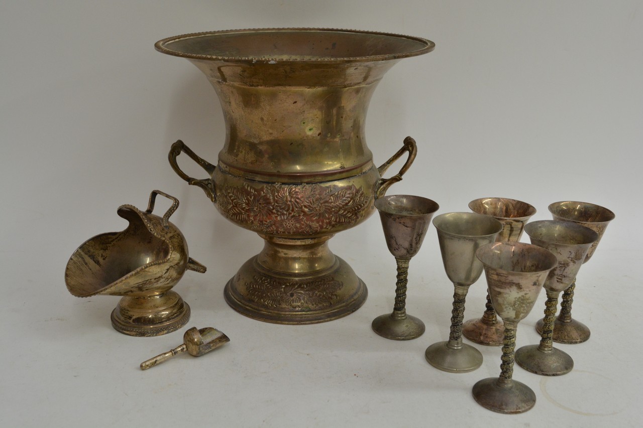 A large silver plated urn, silver plated goblets a