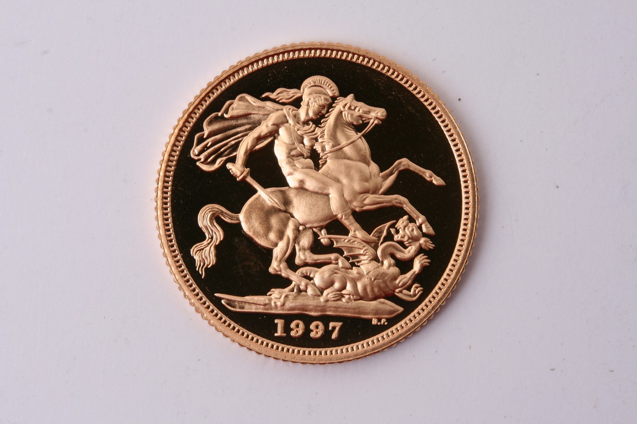 A 1997 Gold Proof Sovereign in a fitted case with