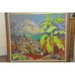 A framed modern oil painting on board dipicting wi