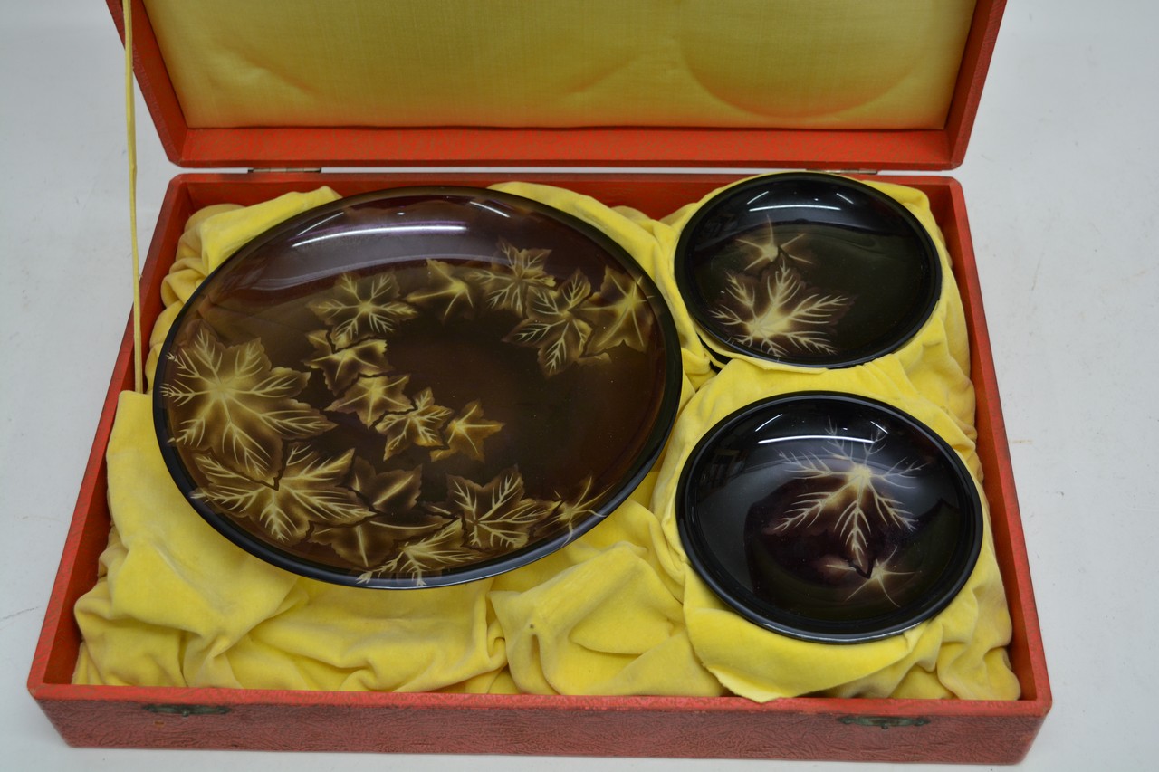A cased set of 1950's Chinese wheel etched glass.