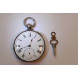 A silver key wind pocket watch with an enamel dial