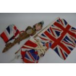 Two small vintage Union Jacks, bunting, and stick