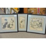 Three framed comical culinary pencil sketches, eac