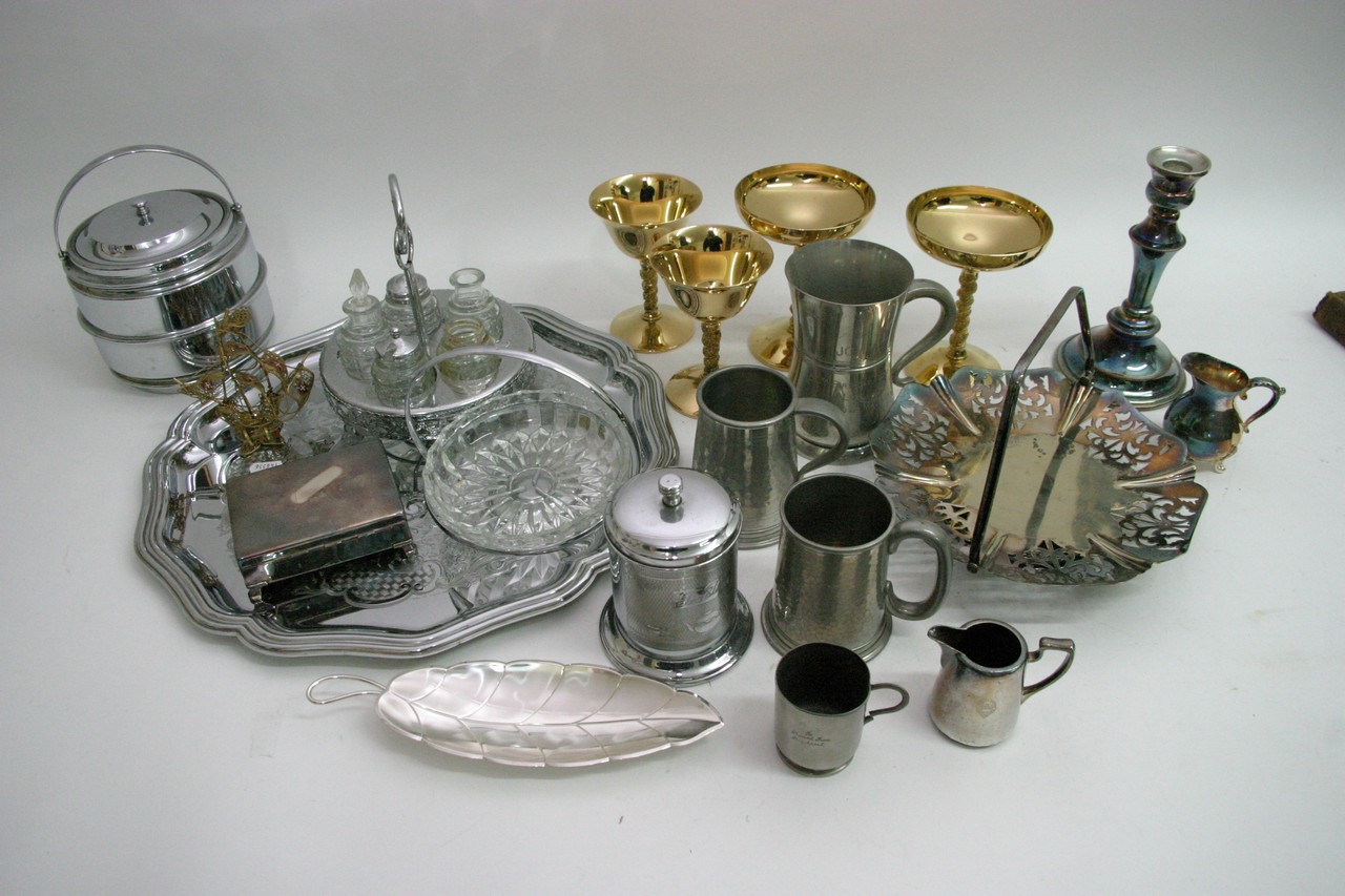 A box of silver plated and metalware items includi