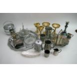 A box of silver plated and metalware items includi