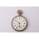 A silver cased button wind pocket watch, the enamel dial with Roman numerals