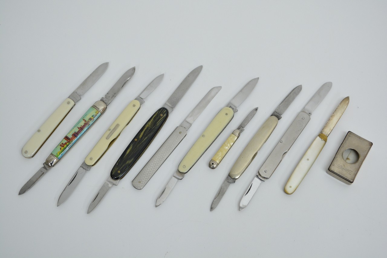 A collection of 10 penknives including silver and