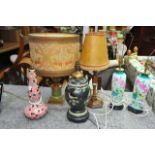 Four table lamps including a Victorian painted glass pair