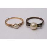 A Pearl and Diamond ring and a Silver and Pearl ring