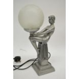 A metal Art Deco style lamp formed as semi-clad woman