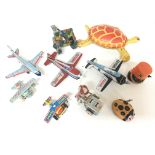 A small box of tin plate toys including aircraft