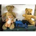 A Triang train, Two old teddy bears, and a Steiff