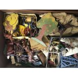 Two boxes containing a collection of metal farm and zoo animals and accessories
