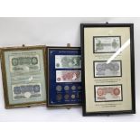 Three framed note sets showing pre decimalisation